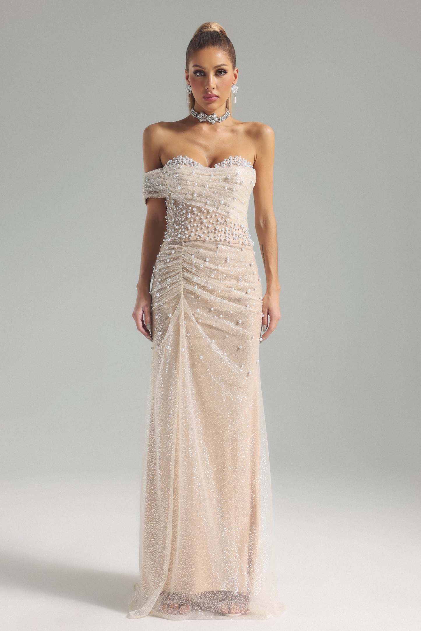 Patsy Strapless Pearl Mesh Maxi Dress