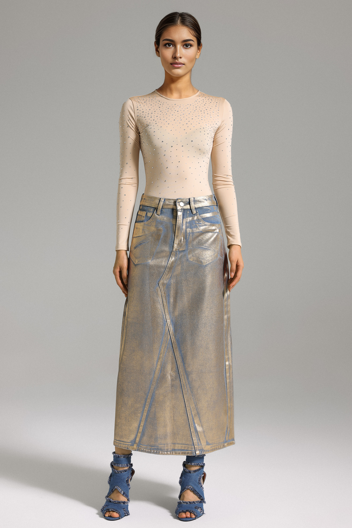 Sagona Metallic Midi Denim Skirt