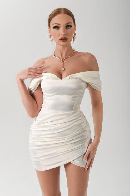 Suzanne Off-Shoulder Mini Dress - White - Bellabarnett