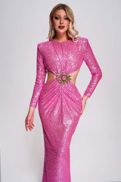 Venaa Sequin Cutout Maxi Dress - Pink