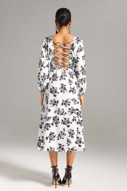 Winey Square-cut Neck Slit Printed Dress
