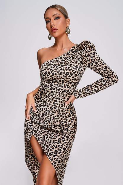 Salama Leopard One Shoulder Midi Dress