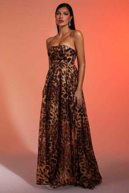 Faux Leopard Strapless Maxi Dress