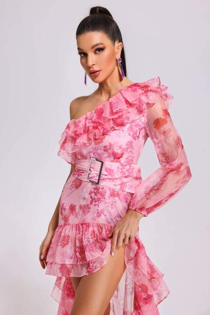 Kristin One Shoulder Printed Mesh Dress