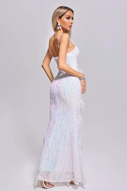 Jherika Slit Feather Sequin Maxi Dress