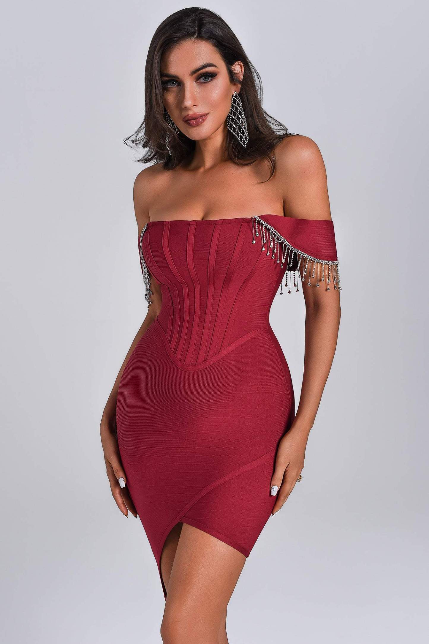 Emerson Crystal Tassle Off Shoulder Bandage Dress - Red