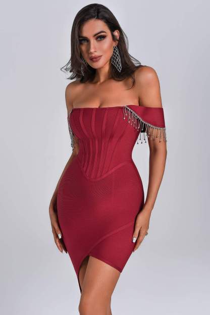 Emerson Crystal Tassle Off Shoulder Bandage Dress - Red