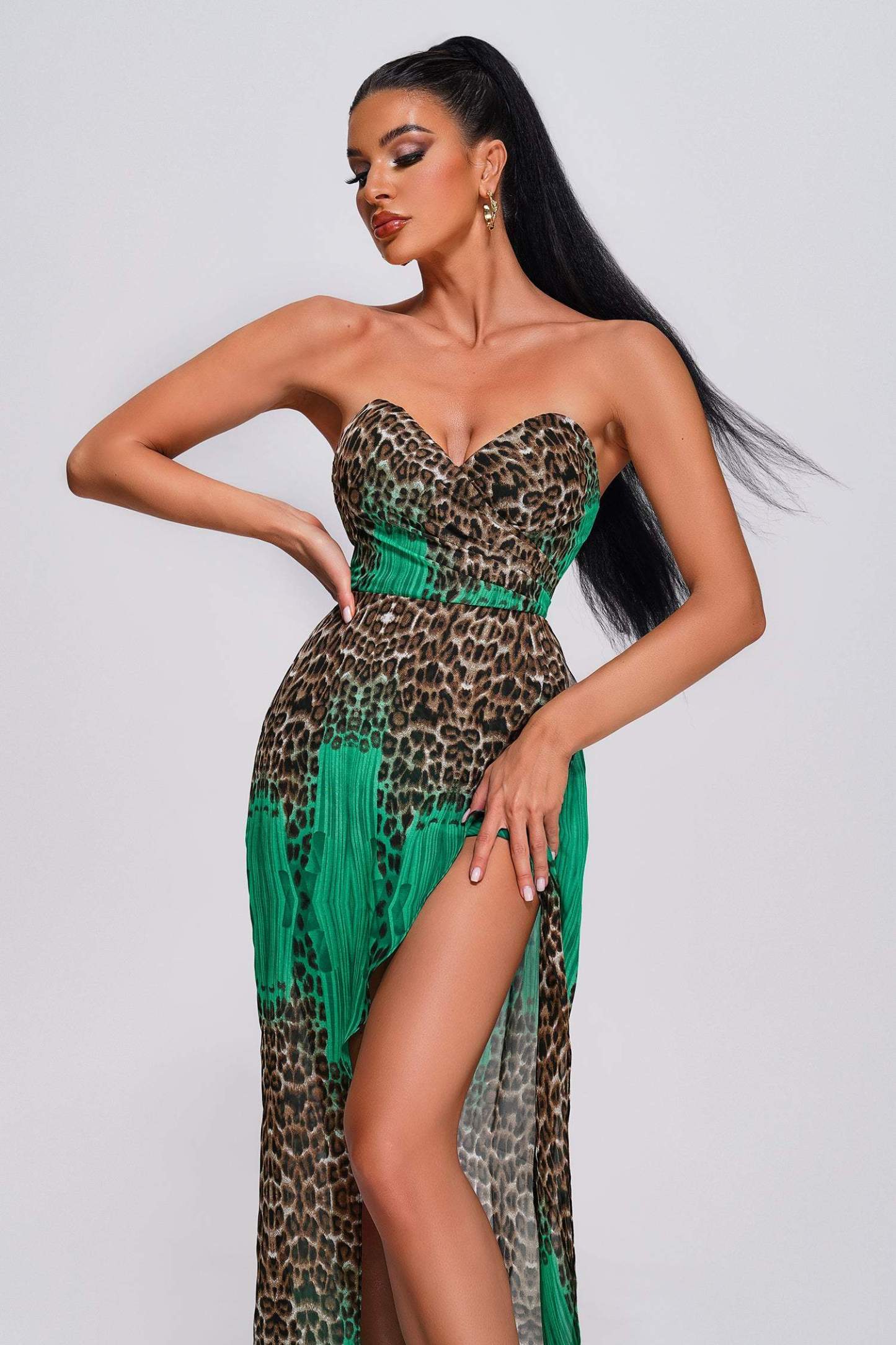 Leopard Strapless High Slit Maxi Dress - Green