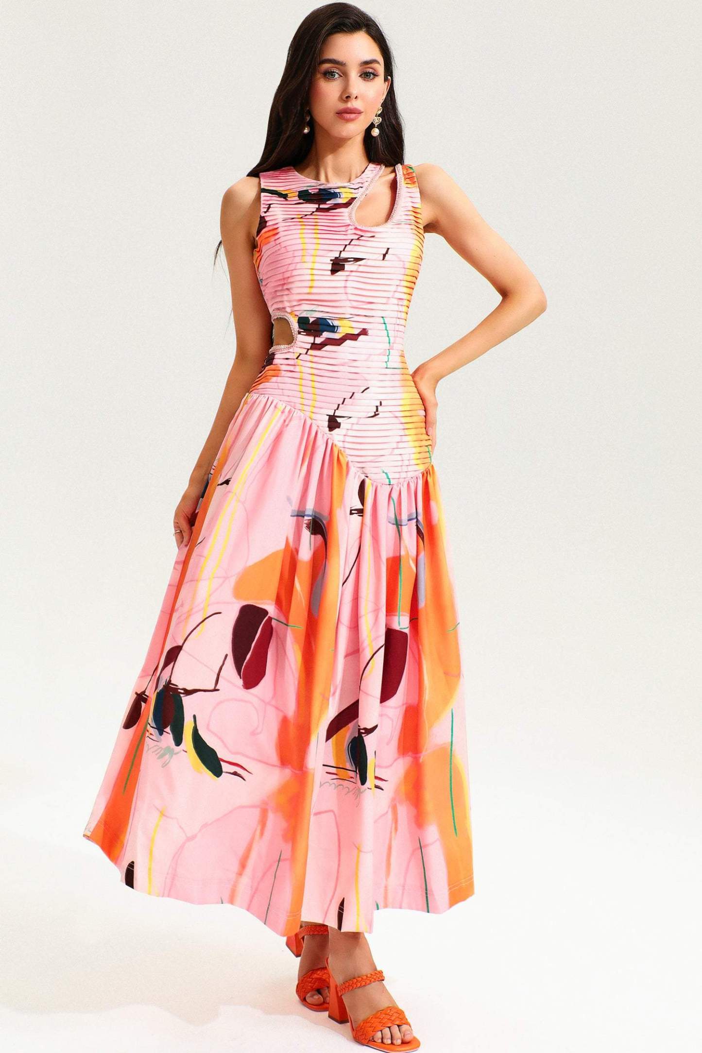 Printed Sleeveless Cutout Midi Dress