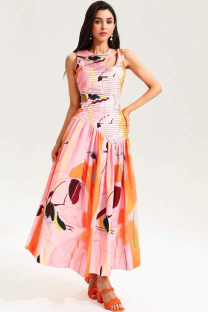 Printed Sleeveless Cutout Midi Dress