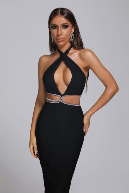 Biana Halter Rhinestone Maxi Bandage Dress - Bellabarnett