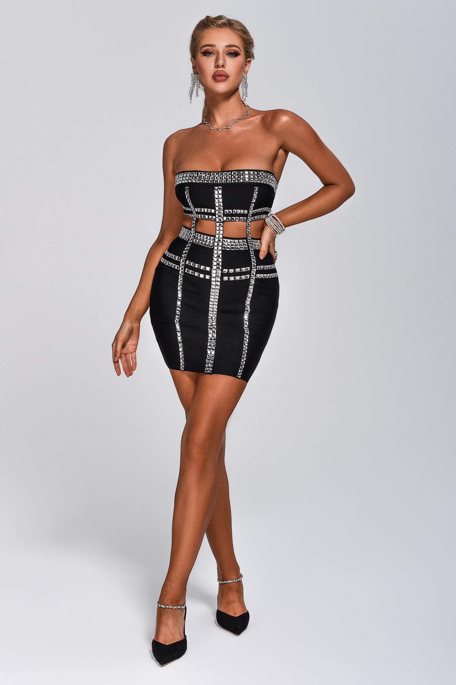 Adri Diamonate Cutout Mini Bandage Dress