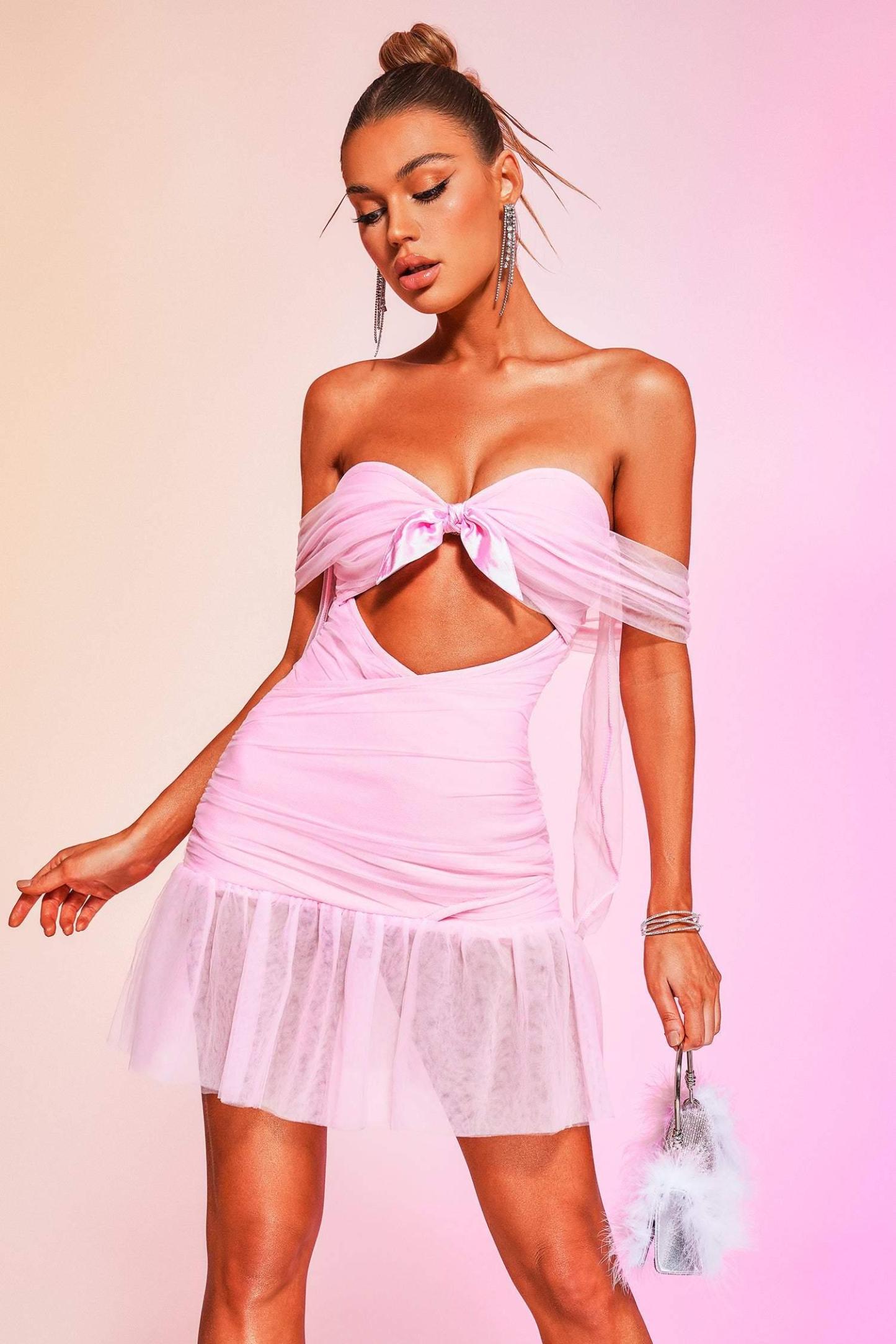 Kavaza Off Shoulder Mesh Mini Bandage Dress - Bellabarnett