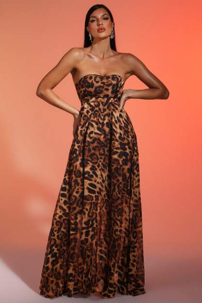 Faux Leopard Strapless Maxi Dress