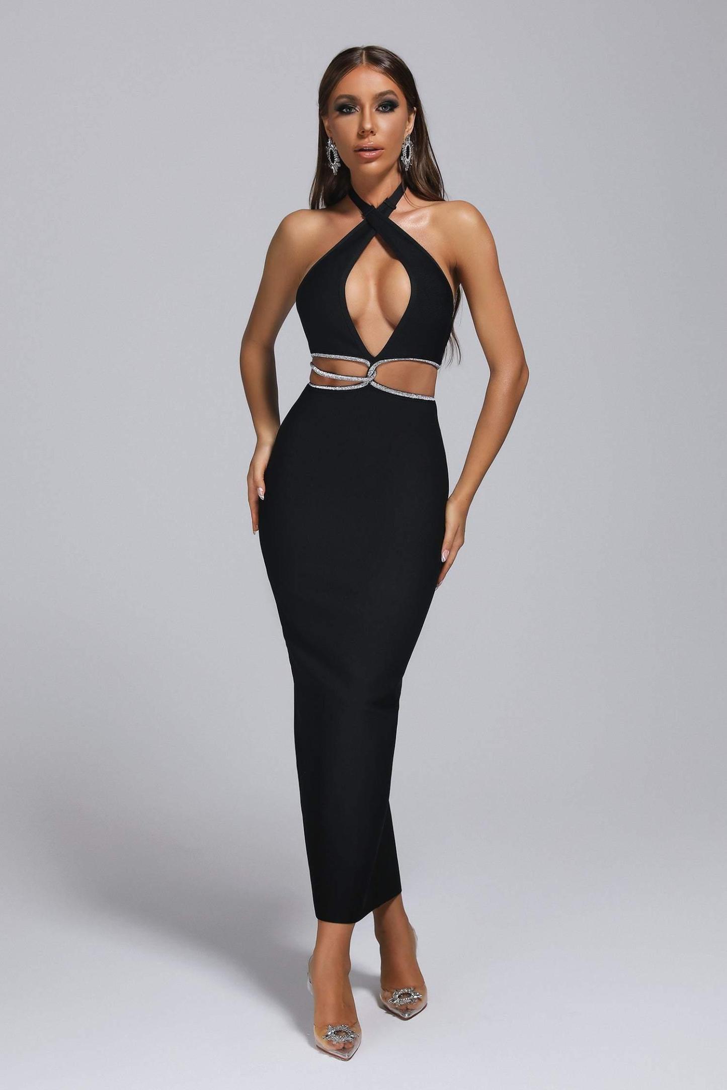 Biana Halter Rhinestone Maxi Bandage Dress - Bellabarnett