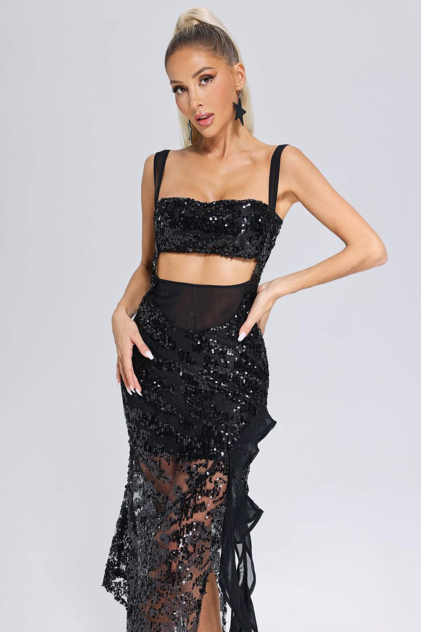 Niavia Ruffle Sequin Mesh Midi Dress