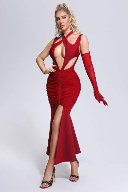 Dorie Ruched Cutout Midi Bandage Dress