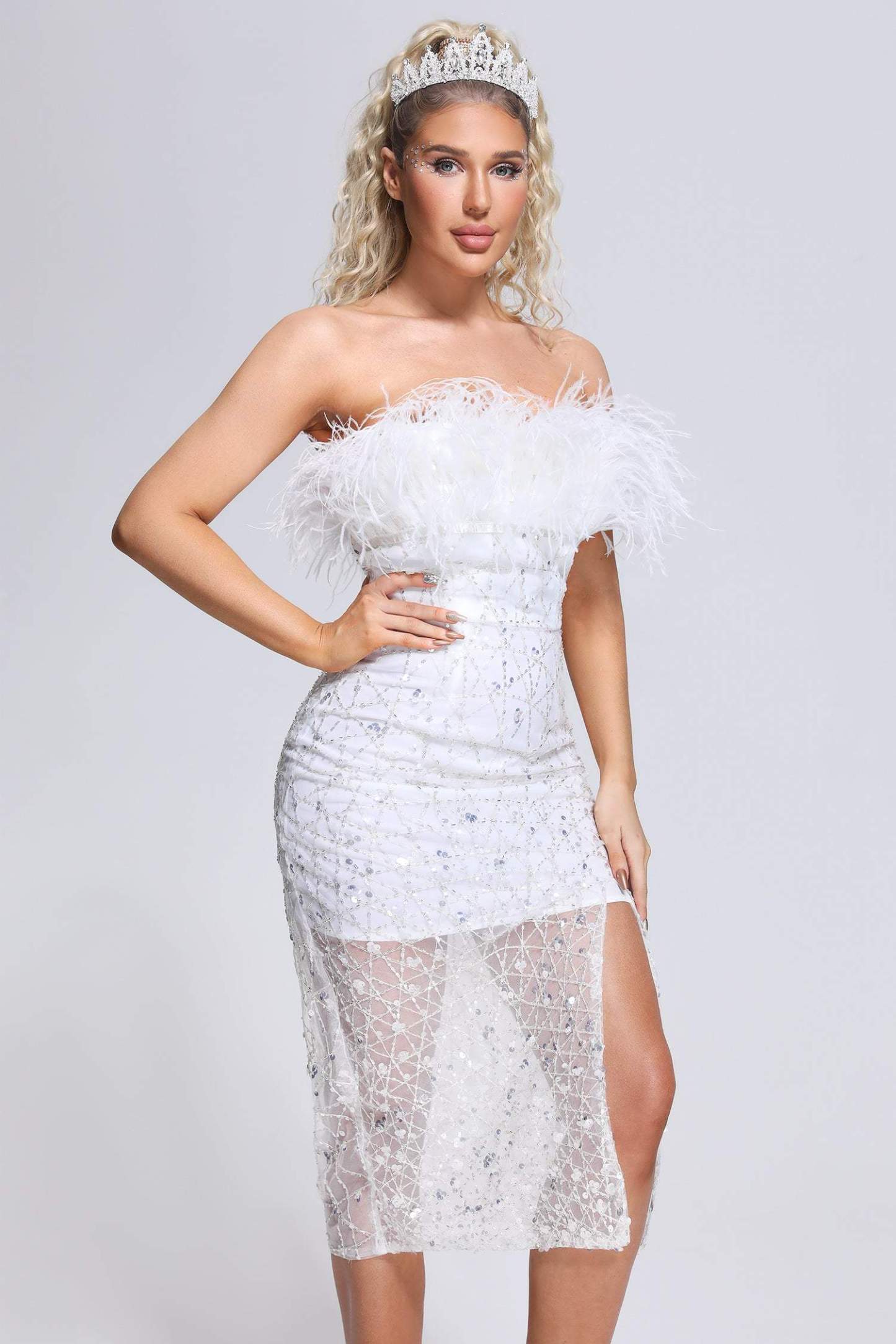 Kerta Feather Strapless Midi Dress