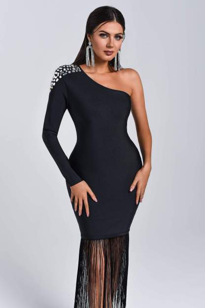 Bacco One Shoulder Tassel Midi Bandage Dress