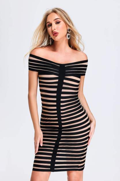 Garnet Stripe Off Shoulder Bandage Dress