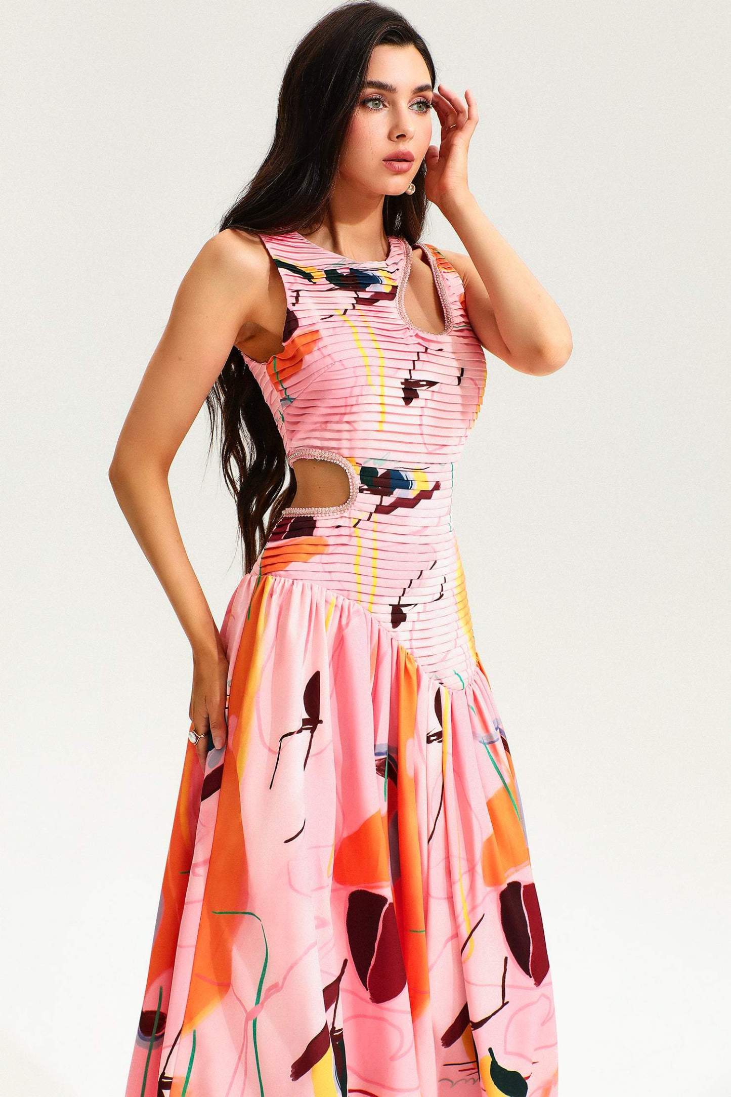 Printed Sleeveless Cutout Midi Dress