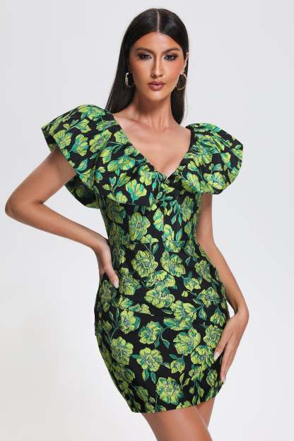 Mary Jacquard Backless Mini Dress - Green