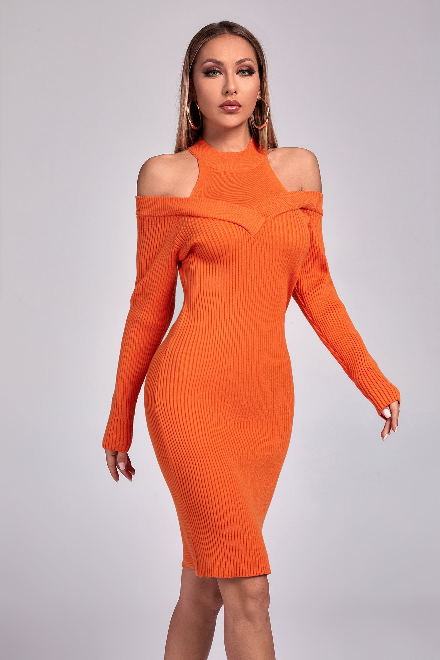 Izzy Long Sleeve Cutout Sweater Dress - Orange - Bellabarnett
