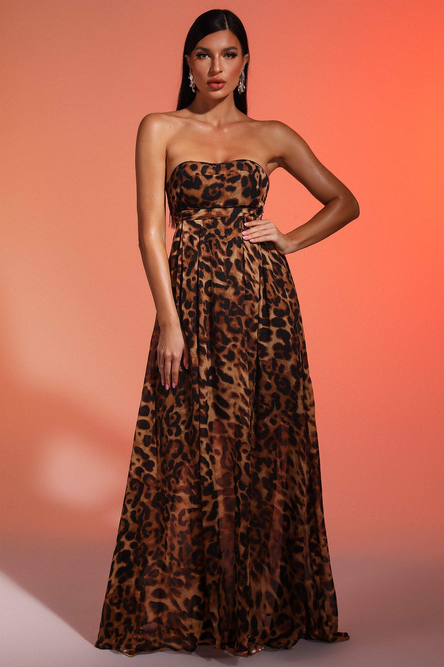 Faux Leopard Strapless Maxi Dress