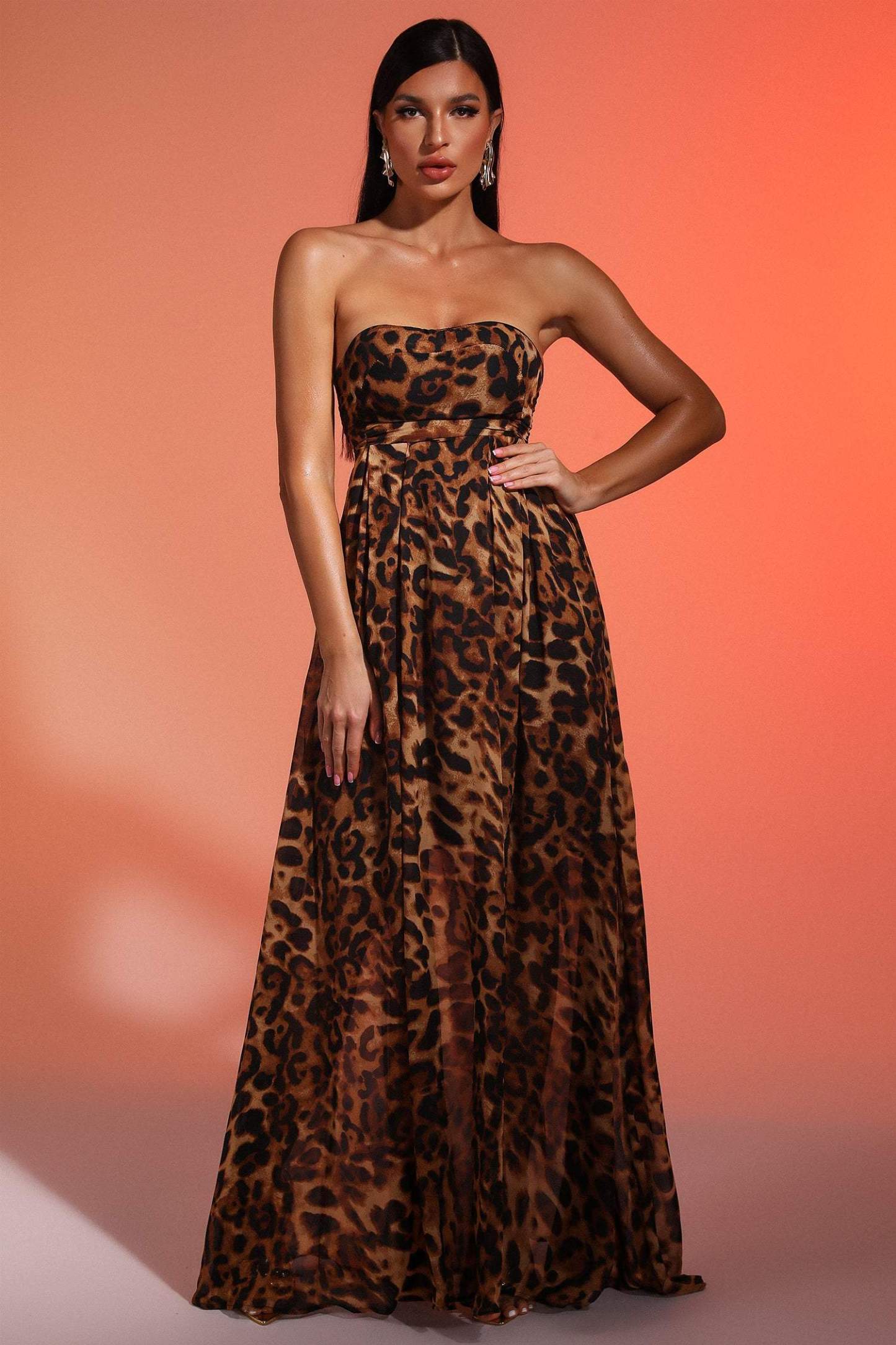 Faux Leopard Strapless Maxi Dress