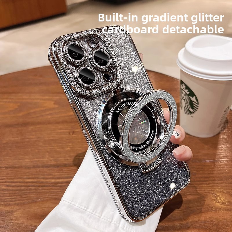 Magnetyczne etui na iPhone'a z brokatowymi kryształkami i niewidocznym uchwytem