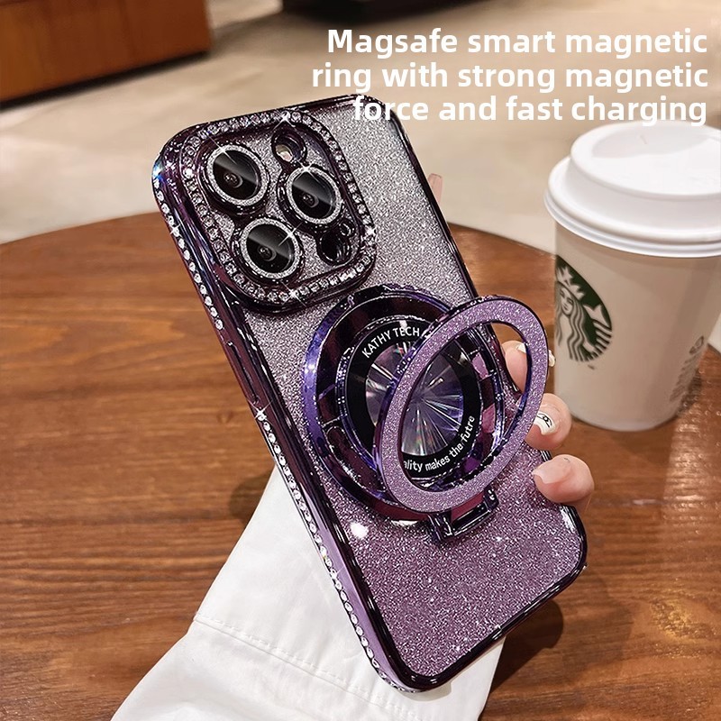 Magnetyczne etui na iPhone'a z brokatowymi kryształkami i niewidocznym uchwytem