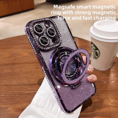 Magnetyczne etui na iPhone'a z brokatowymi kryształkami i niewidocznym uchwytem