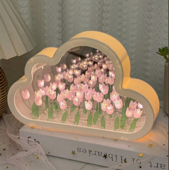 🎁Clouds Tulip Night Light Handmade Mirror Flower Sea Atmosphere Light Desktop Swing Italian Gift❤❤❤