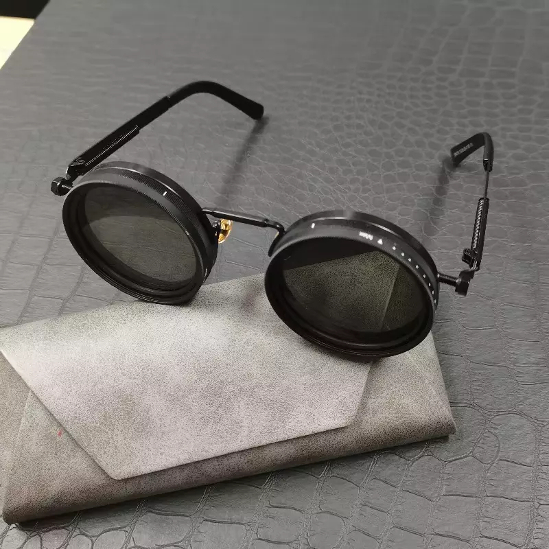 Handmade retro round frame ND9 level rotating adjustable brightness dimming sunglasses dual polarized anti glare sunglasses