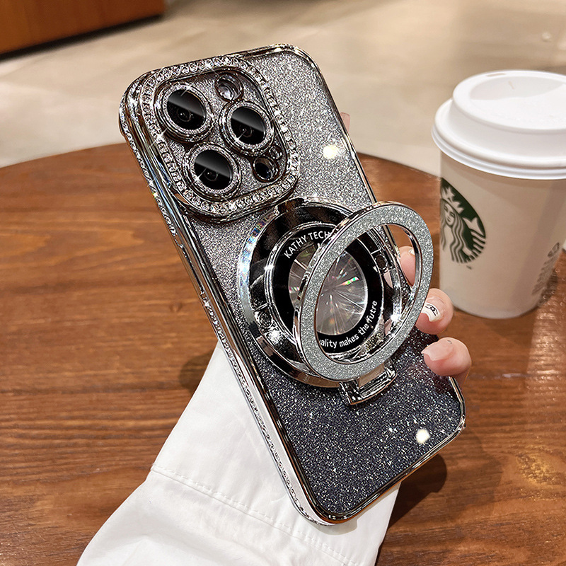 Magnetyczne etui na iPhone'a z brokatowymi kryształkami i niewidocznym uchwytem