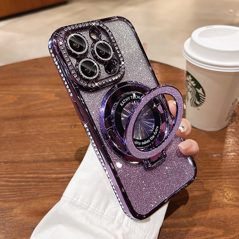 Magnetyczne etui na iPhone'a z brokatowymi kryształkami i niewidocznym uchwytem
