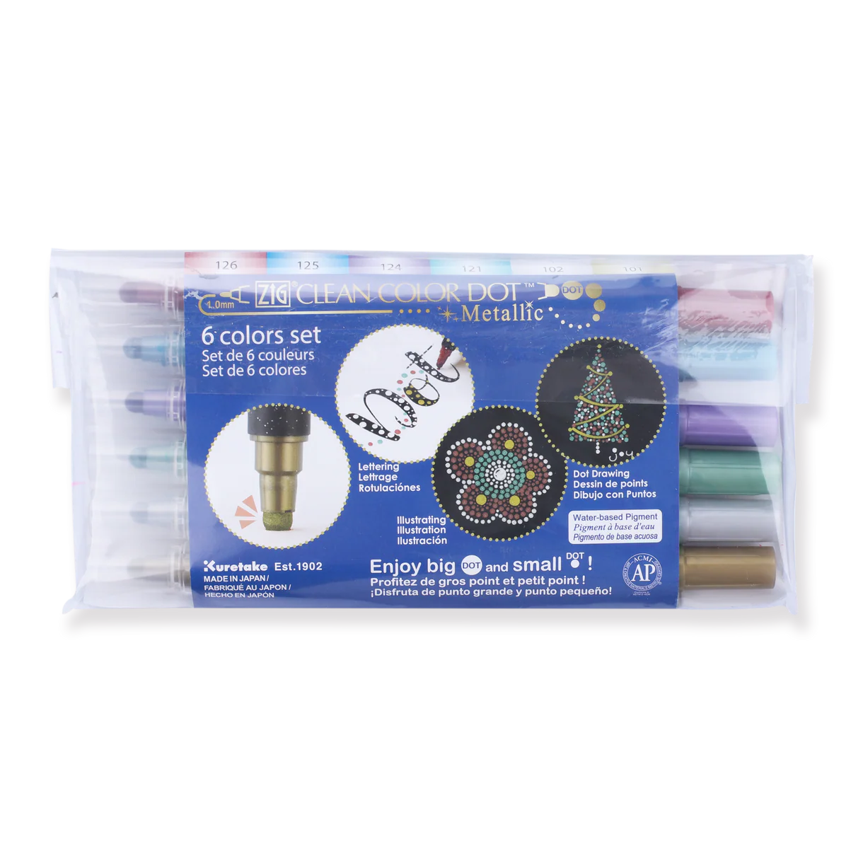 Kuretake Zig Clean Colour Dot Metallic Double-Sided Marker - 6 Color Set