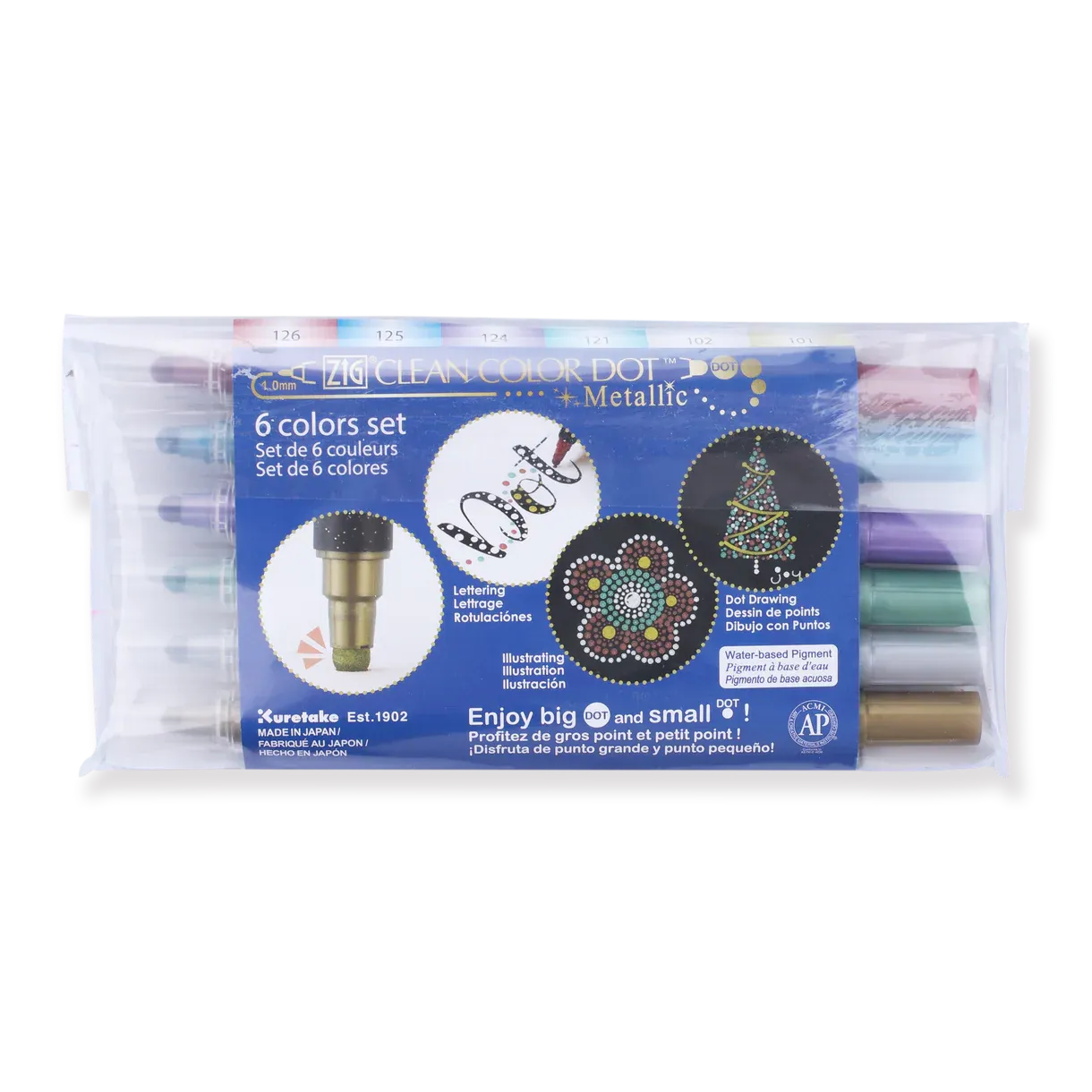 Kuretake Zig Clean Colour Dot Metallic Double-Sided Marker - 6 Color Set