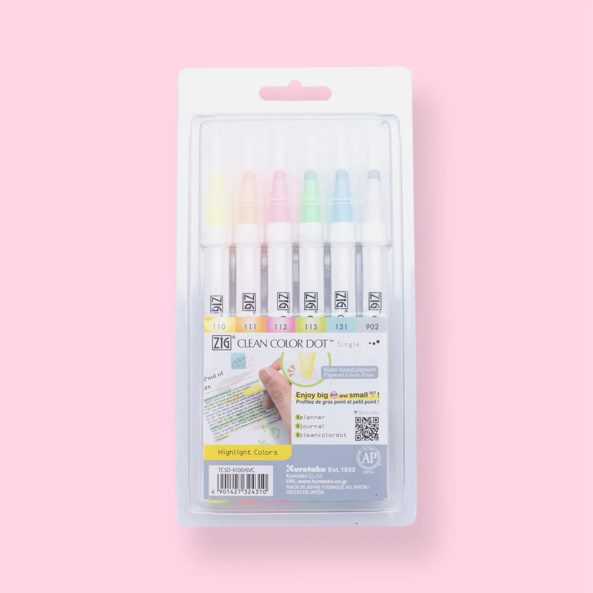 Kuretake Zig Clean Colour Dot Single Marker - Set of 6 - Highlight Colors