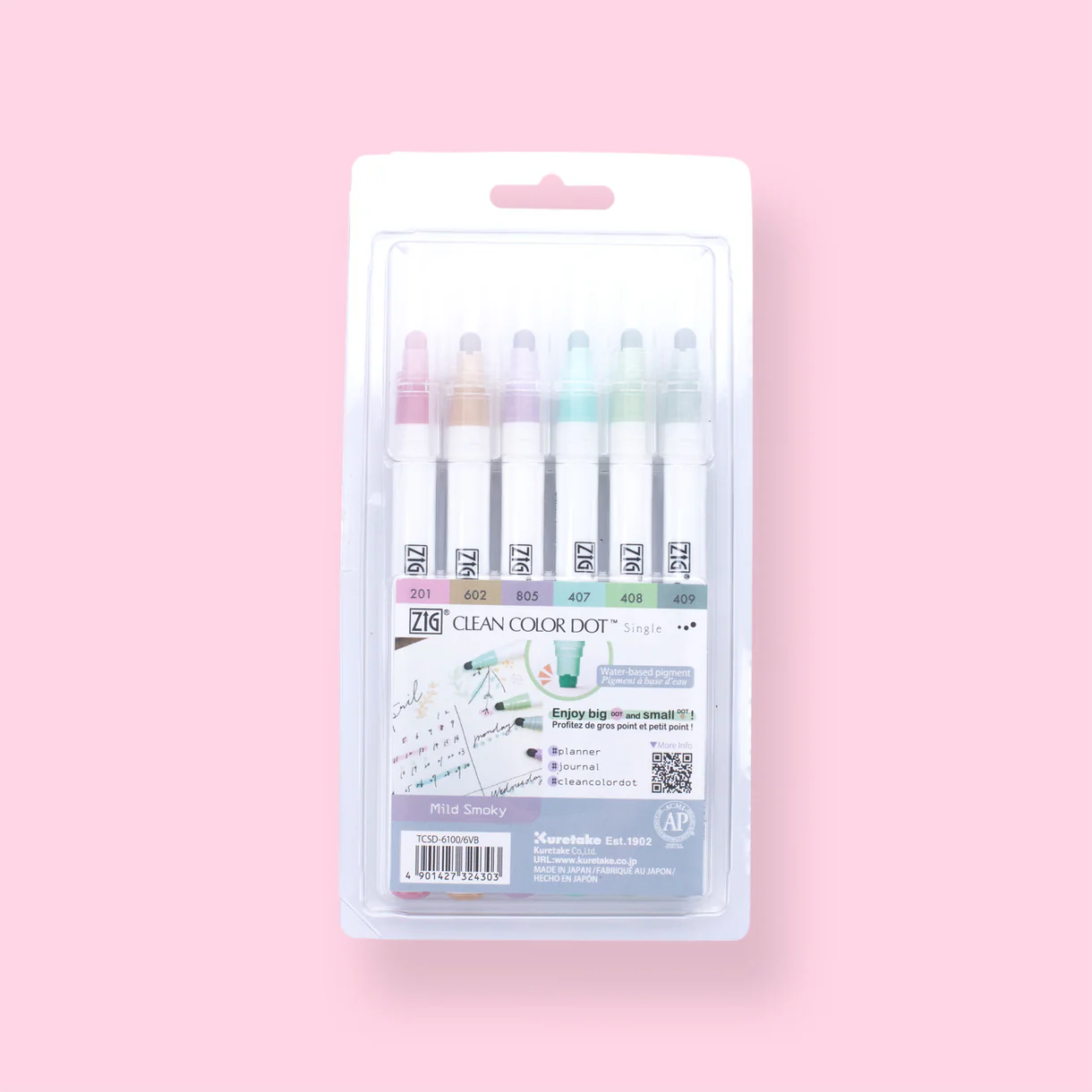 Kuretake Zig Clean Colour Dot Single Marker - Set of 6 - Mild Smoky