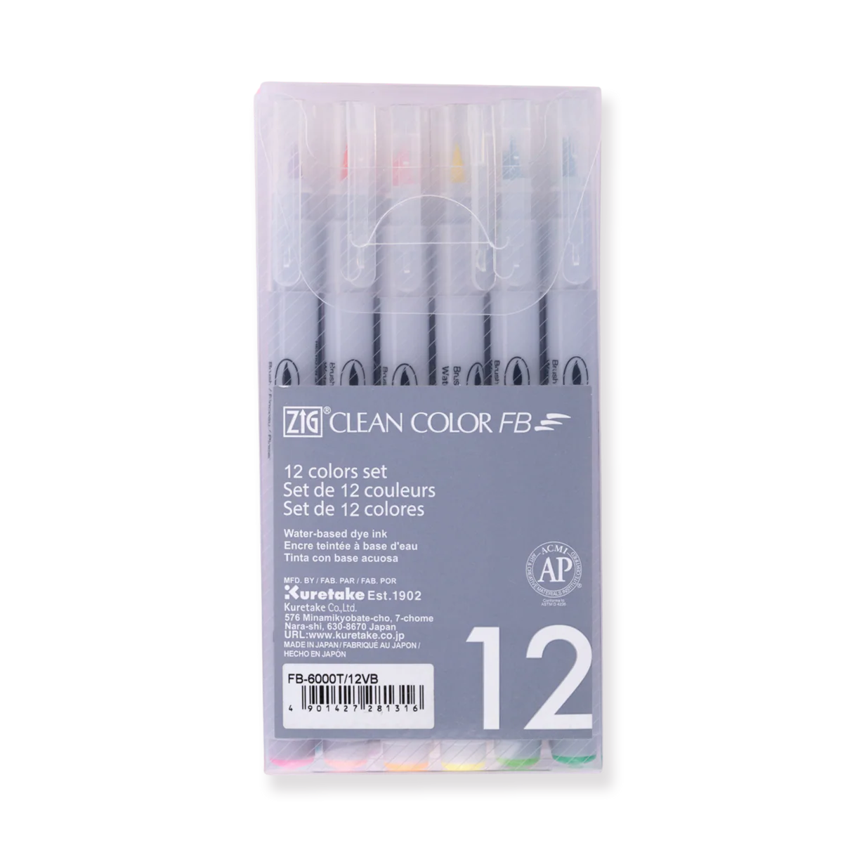 Kuretake ZIG Clean Color FB Felt Tip Brush Pen - 12 Color Set - Bright and Deep