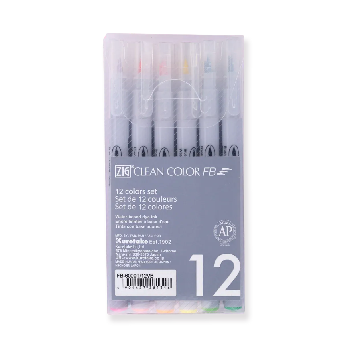 Kuretake ZIG Clean Color FB Felt Tip Brush Pen - 12 Color Set - Bright and Deep