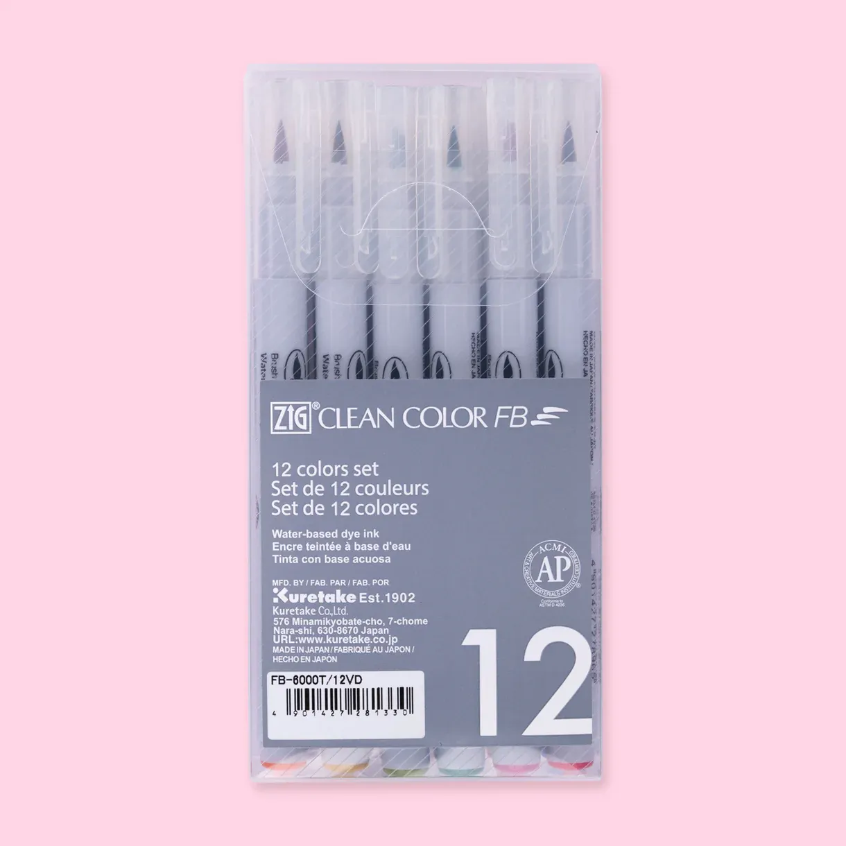Kuretake ZIG Clean Color FB Felt Tip Brush  Pen - 12 Color Set - Bright and Deep