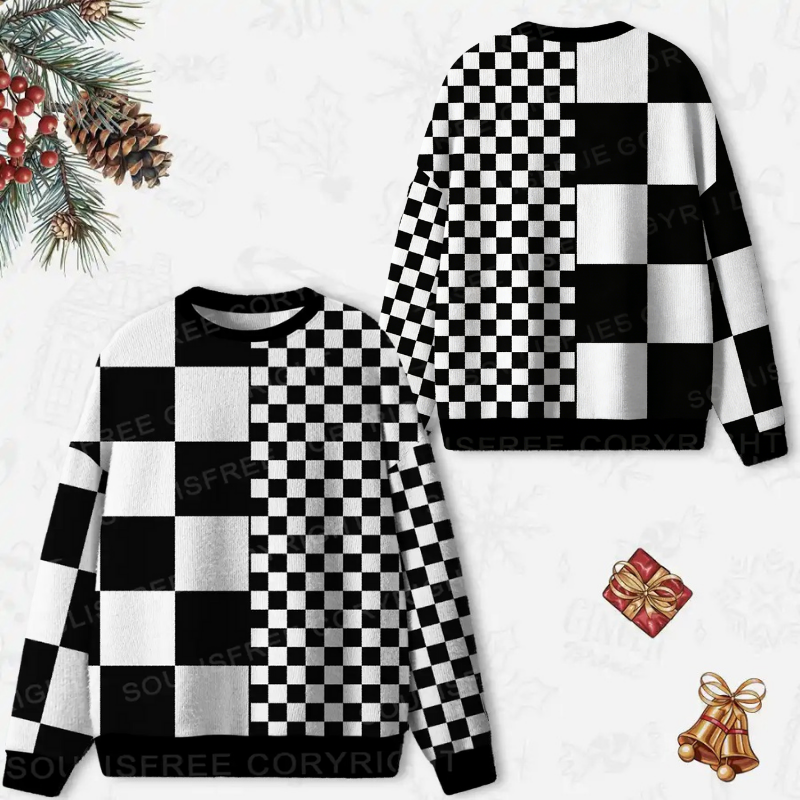 Monochrome Checkerboard Ugly Christmas Knit Sweatshirt