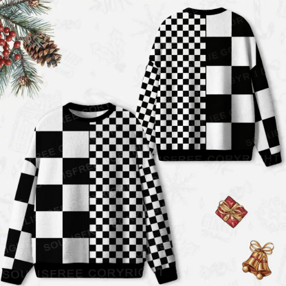 Monochrome Checkerboard Ugly Christmas Knit Sweatshirt