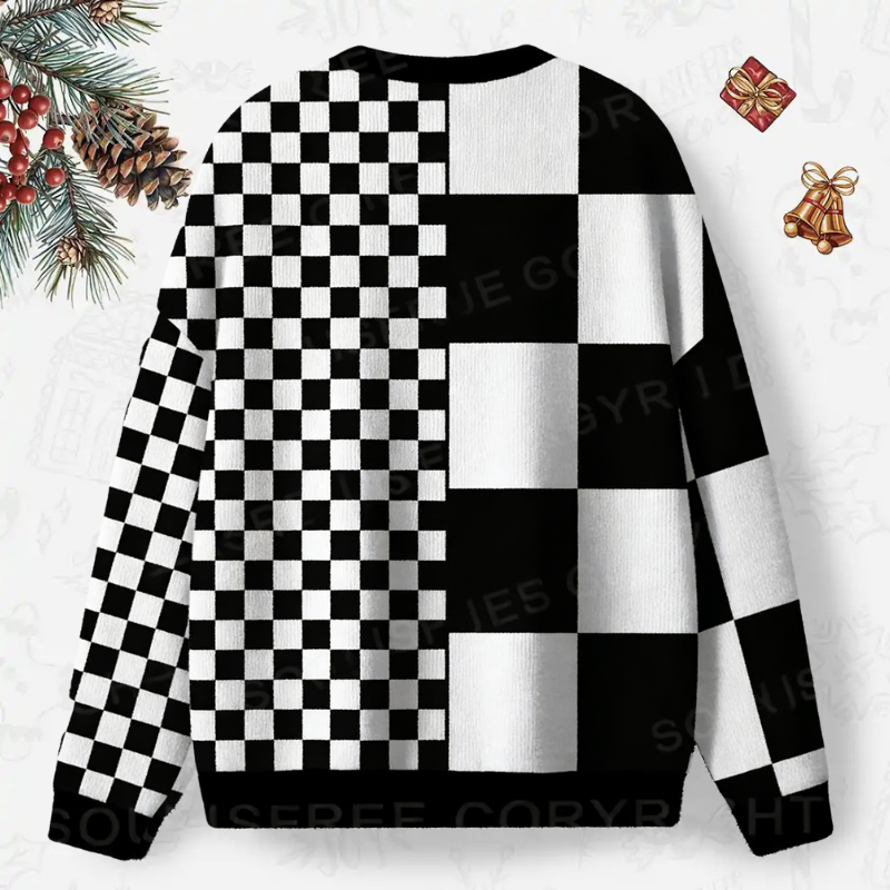 Monochrome Checkerboard Ugly Christmas Knit Sweatshirt