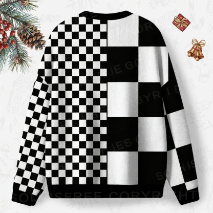 Monochrome Checkerboard Ugly Christmas Knit Sweatshirt