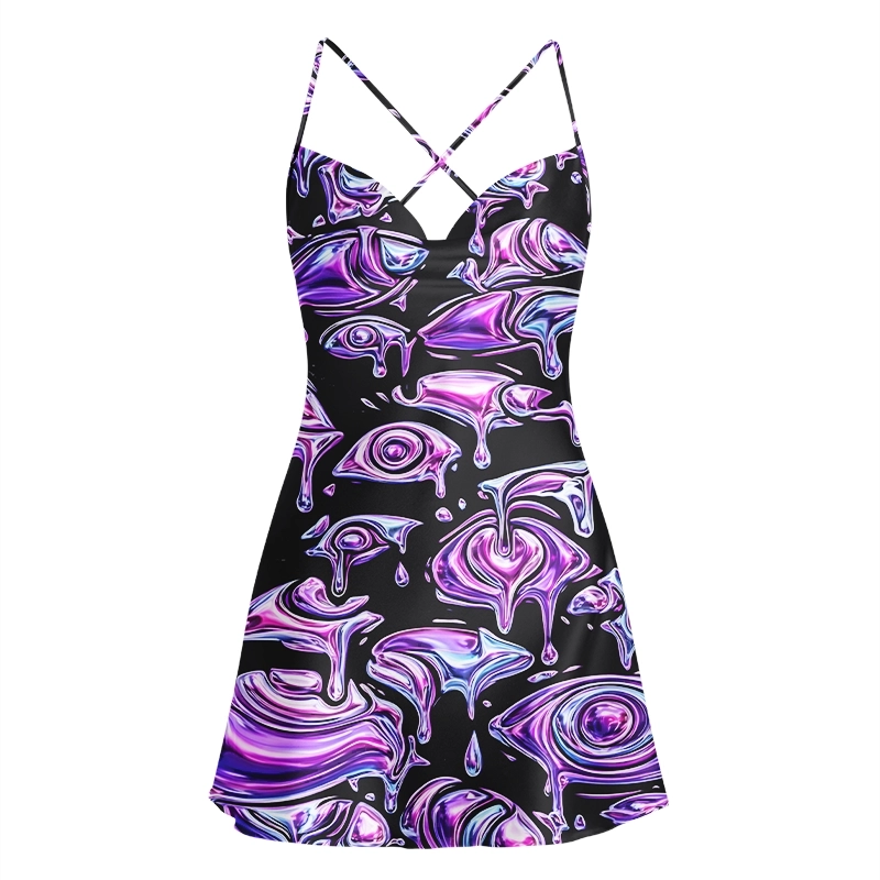 Soulisfree Psychedelic Melting Gaze Cowl Neck Satin Mini Dress