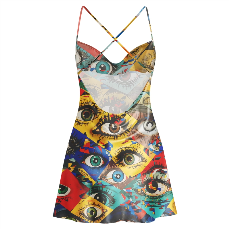 Soulisfree Pop Art Eye Collage Cowl Neck Satin Mini Dress