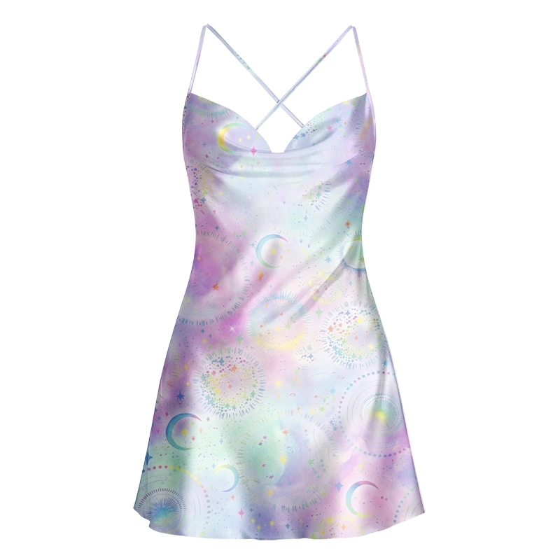 Soulisfree Moon & Stars Watercolor Cowl Neck Satin Mini Dress